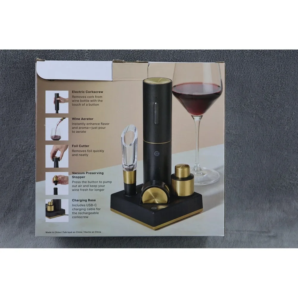 RBT 5-Piece Electric Wine Set Corkscrew‎ Aerator Stopper Rechargeable Black Gold